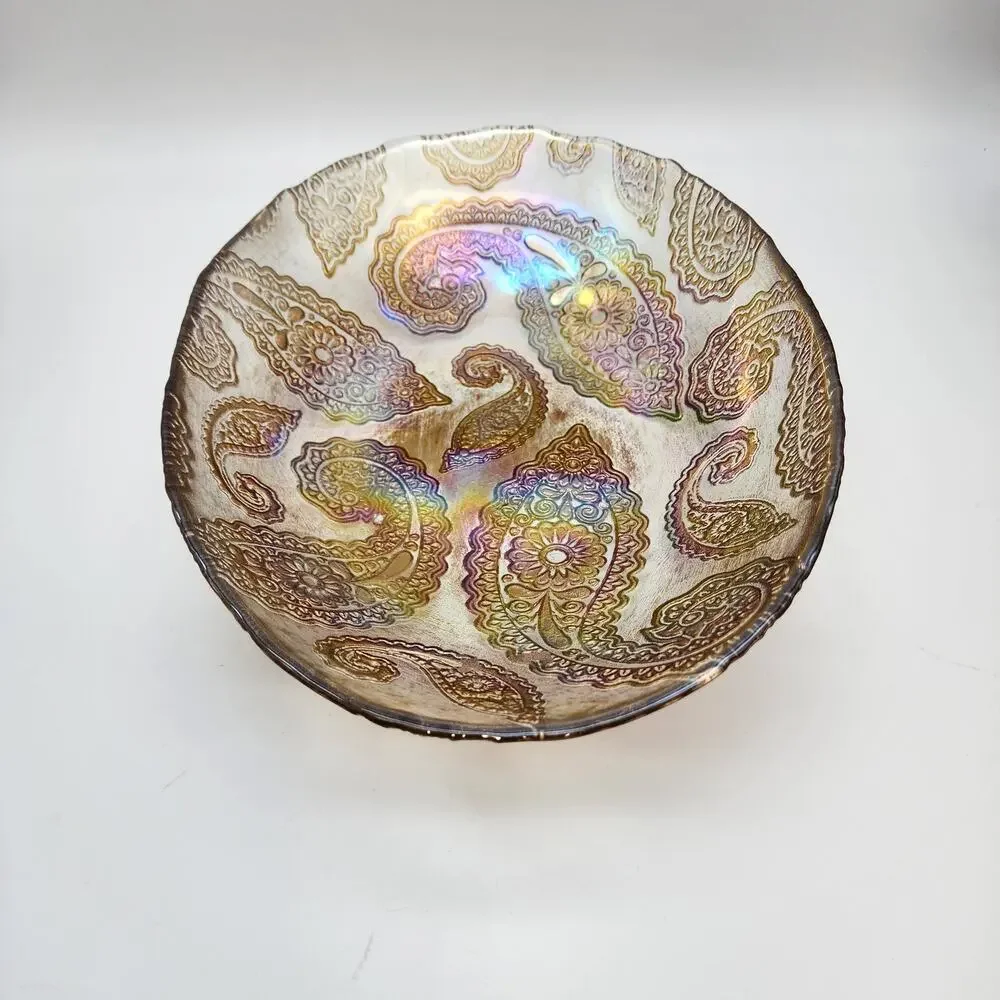 Paisley Carnival Glass Bowl Decorative Oval Embossed MCM Iridescent 9x12 Vintage
